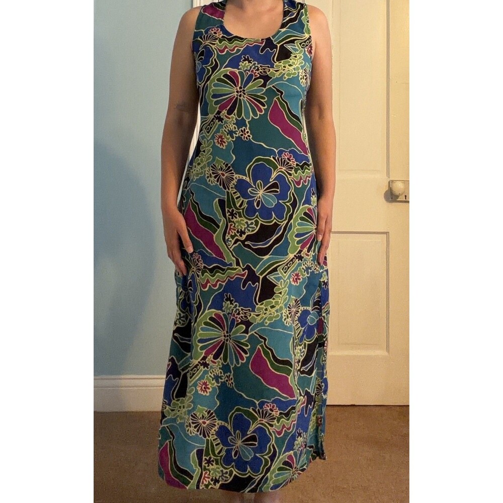 Vintage 90s Tropical Floral Midi Dress Size Large Sleeveless Resort Vacation